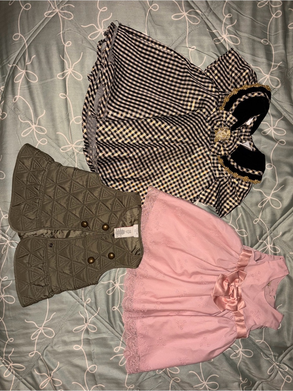 12 months | Gingham Dress with Gold Trim, Pink Bow Dress, and Quilted Vest Set
